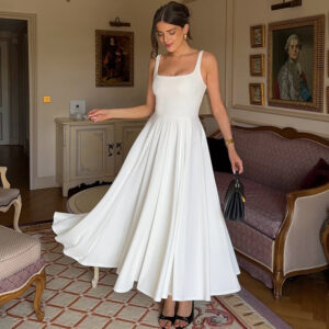 Square Collar Sleeveless Waist-slimming Long Dress Pleated Suspender